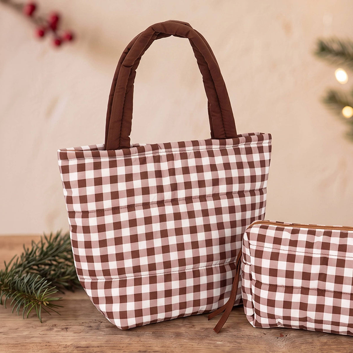 Hana - Gingham Check Pattern Quilted Puffer Tote Bag