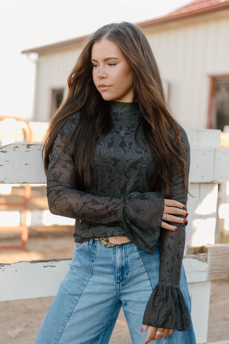 Sterling Kreek - Tooled In Black Mesh Top