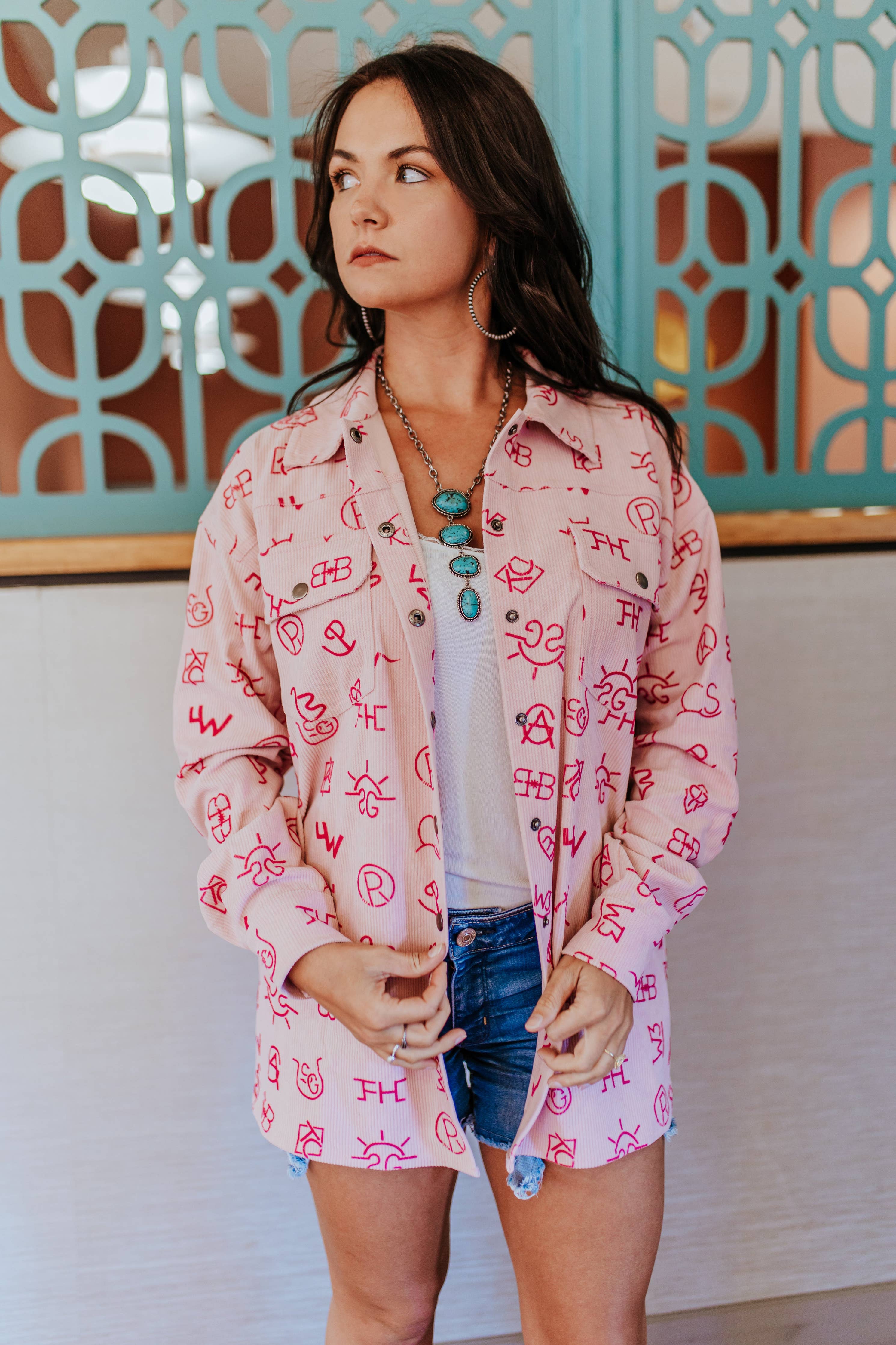 MK572 3D Print Branded Corduroy Shacket: Pink / 1XL