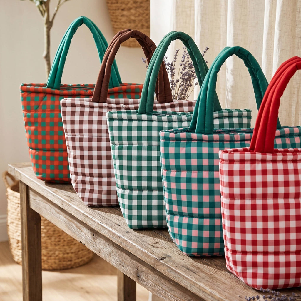 Hana - Gingham Check Pattern Quilted Puffer Tote Bag