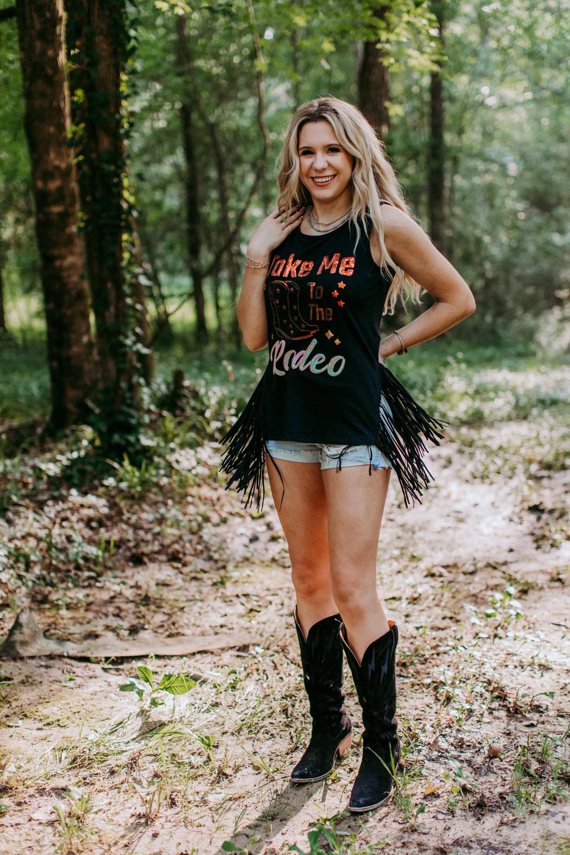 MK359 Fringe Side Slit Tank Top - Black: Black / S