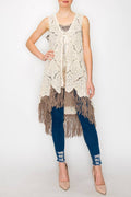 Origami Apparel ~  Lace and Crochet inspired - HIGH LOW CROCHET VEST WITH FAUX SUEDE FRINGE -4665FR  FRINGE