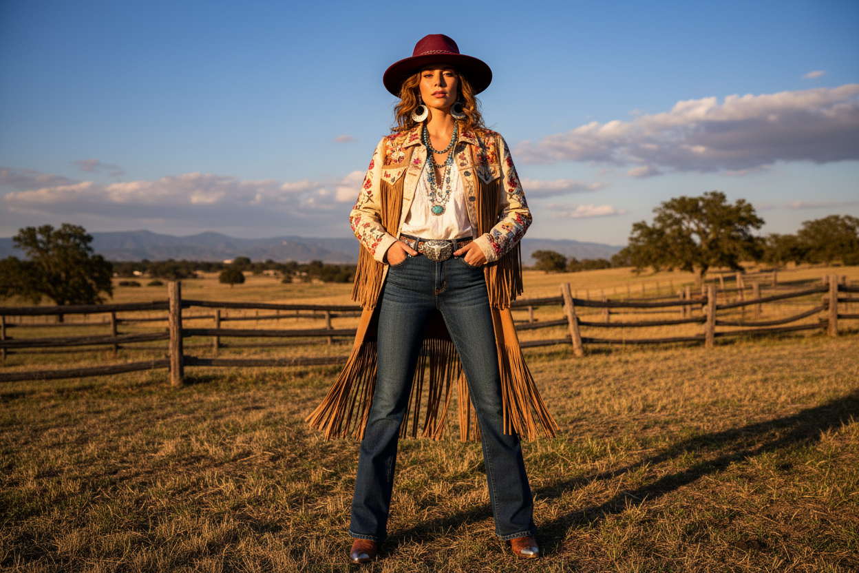 Stylish woman in western boutique clothing on ranch