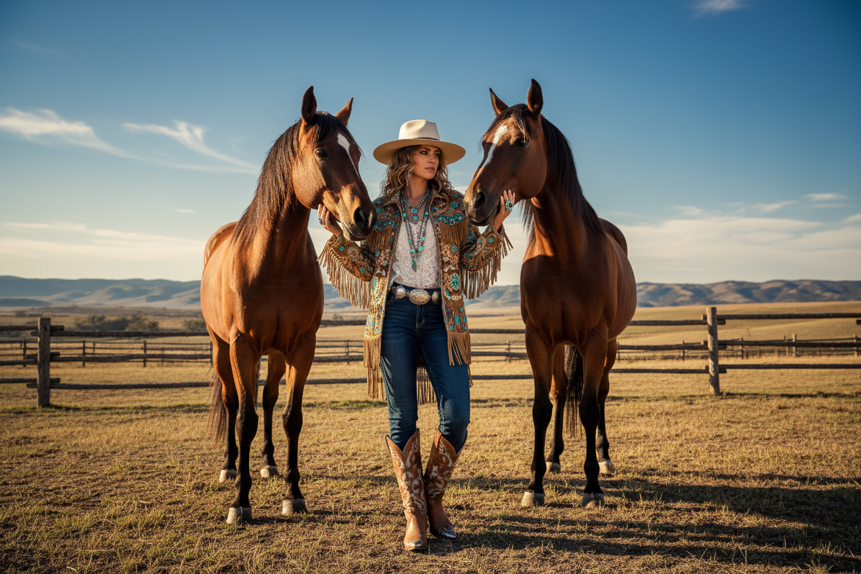 Stylish woman in western boutique clothing with horses on ranch