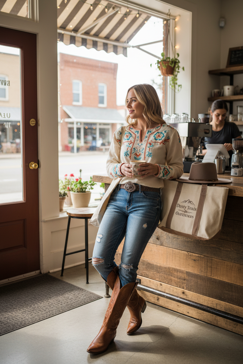 Woman in western boutique clothing at coffee shop