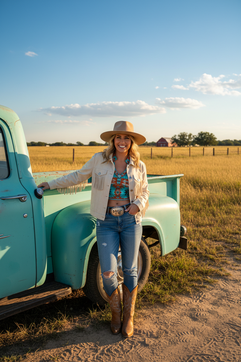 Woman in western boutique clothing with vintage truck